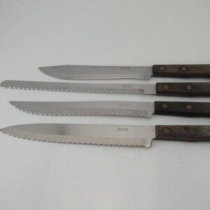 Vintage Robinson Stainless Steel Knives Set of 4 w/Wooden Handles Gold Rivets